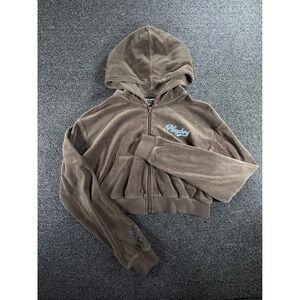 Playboy by PacSun Brown Velour Cropped Zip Up Hoodie Womens M Rhinestone Logo